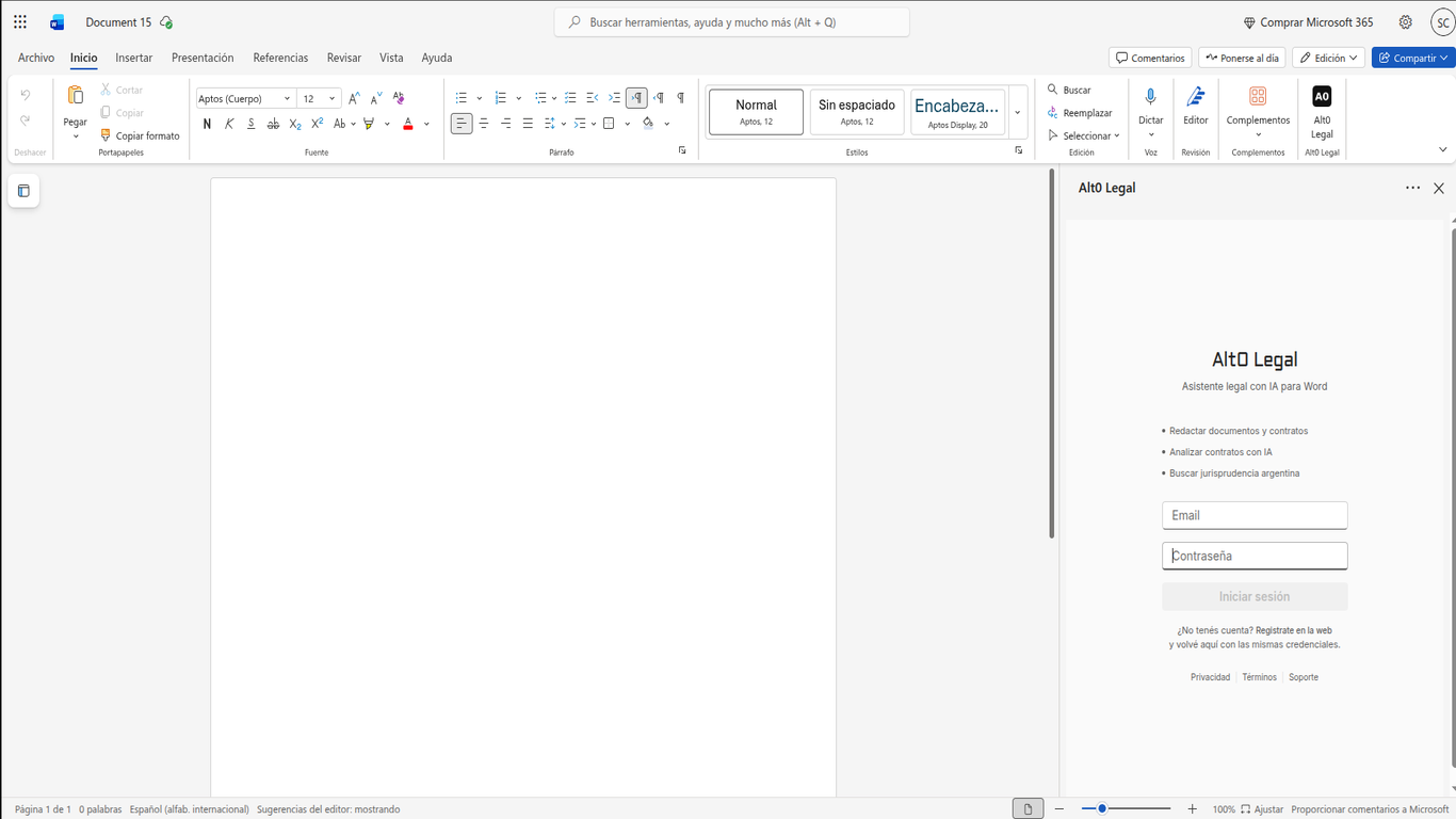 Inicio de sesión del complemento Alt0 Legal en Word