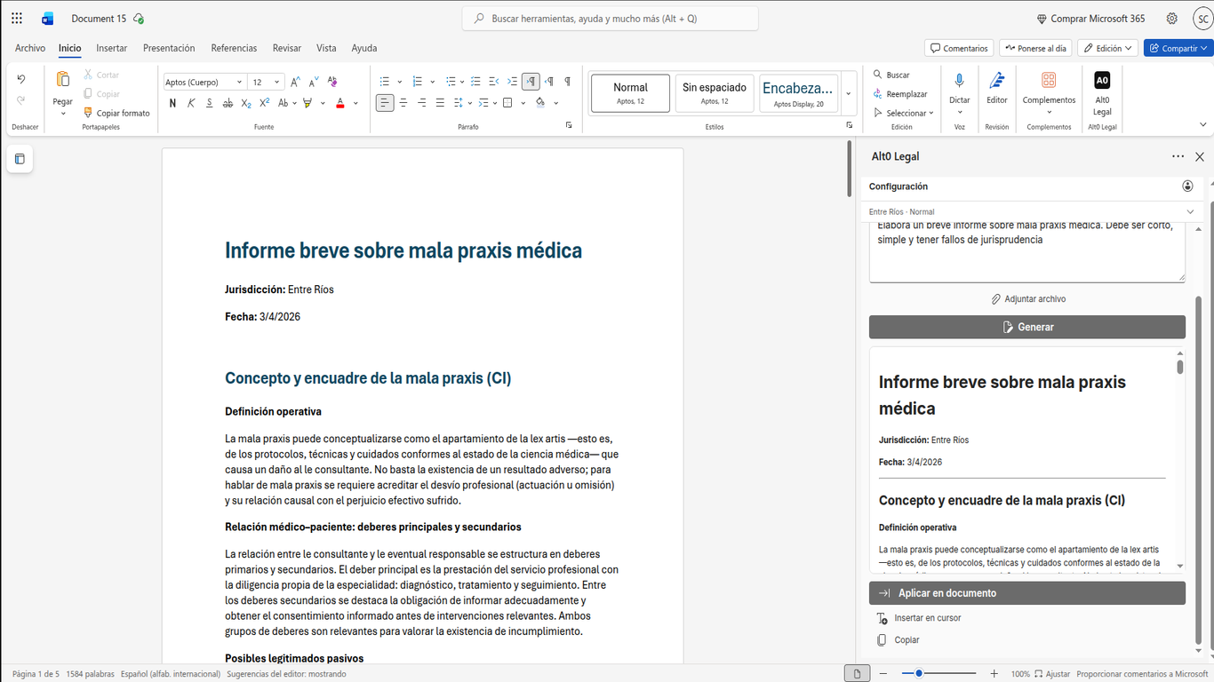 Análisis de documento con Artur sobre Word — Alt0 Legal