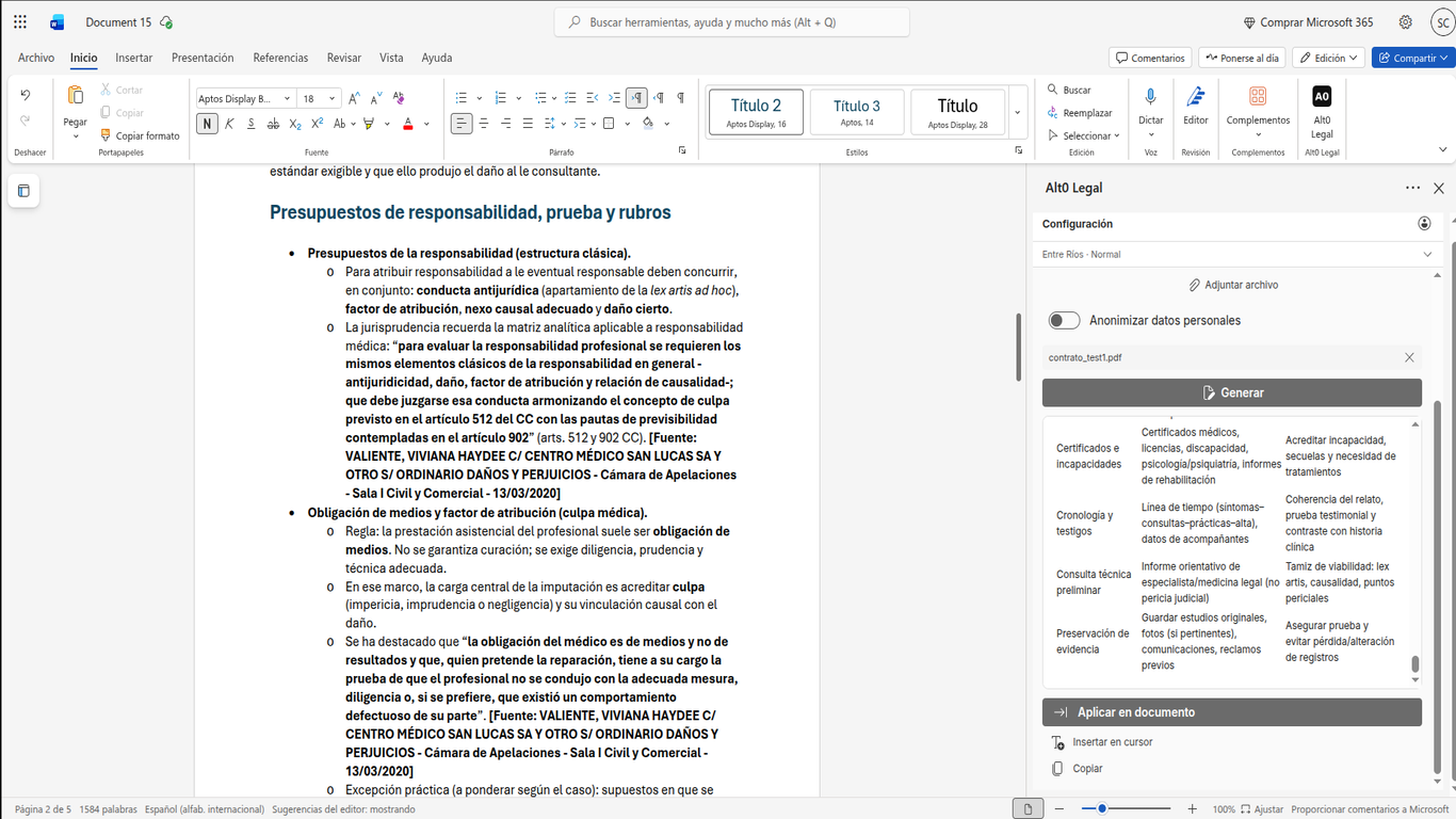 Anonimización y generación de contenido en Word — Alt0 Legal